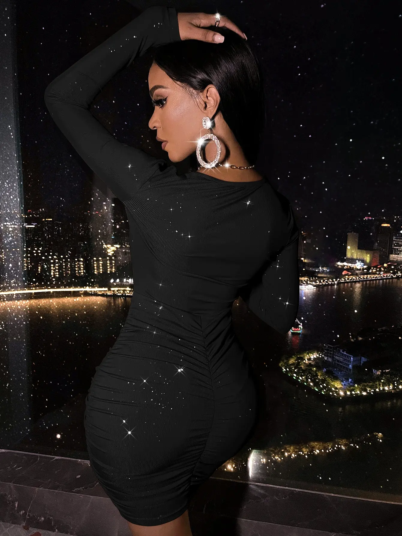 Vestido Sexy Ajustado con Aberturas y Fruncido para Fiesta Nocturna, Vestido Mini con Cuello en V y Manga Larga