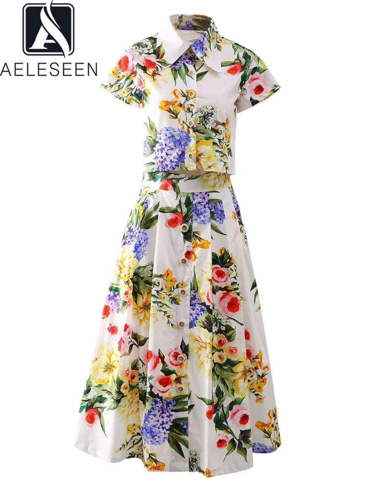 AELESEEN Siciliam 2 Pieces Cotton Set Women Summer Turn-down Collar Flower Print Short Blouse + High Waist Skirt Elegant Set