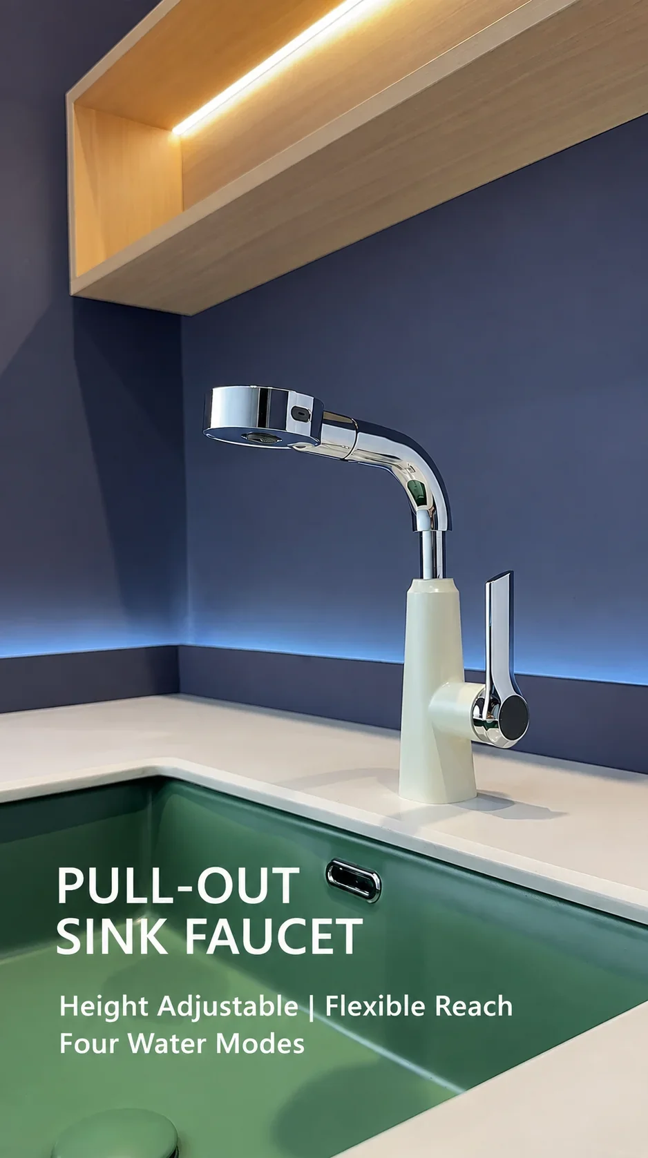 Pull Out Bathroom Sink Faucet, 360° Swivel Height Adjustable Multi Mode Hot Cold Brass Basin Mixer Tap with Handheld Sprayer