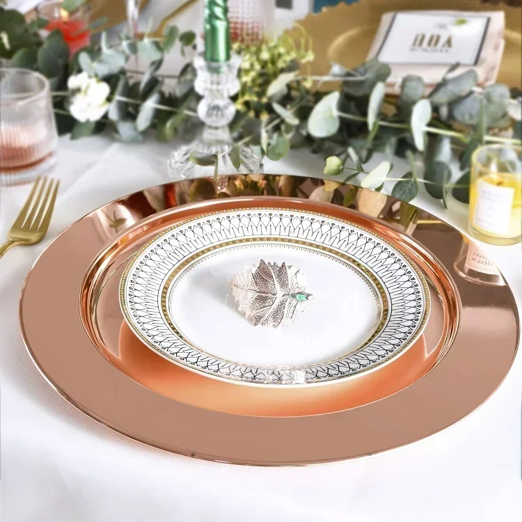 stainless-steel-round-dish-under-wedding-charger-plate-luxury-reusable-rose-gold-silver-wholesale