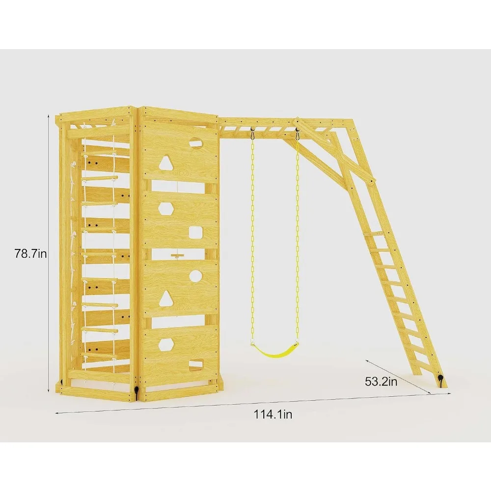 Balançoire d'activité extérieure 9 en 1, mur d'escalade, 3-11 ans, corde d'escalade, mur en maille, force, balançoire à structure en pin