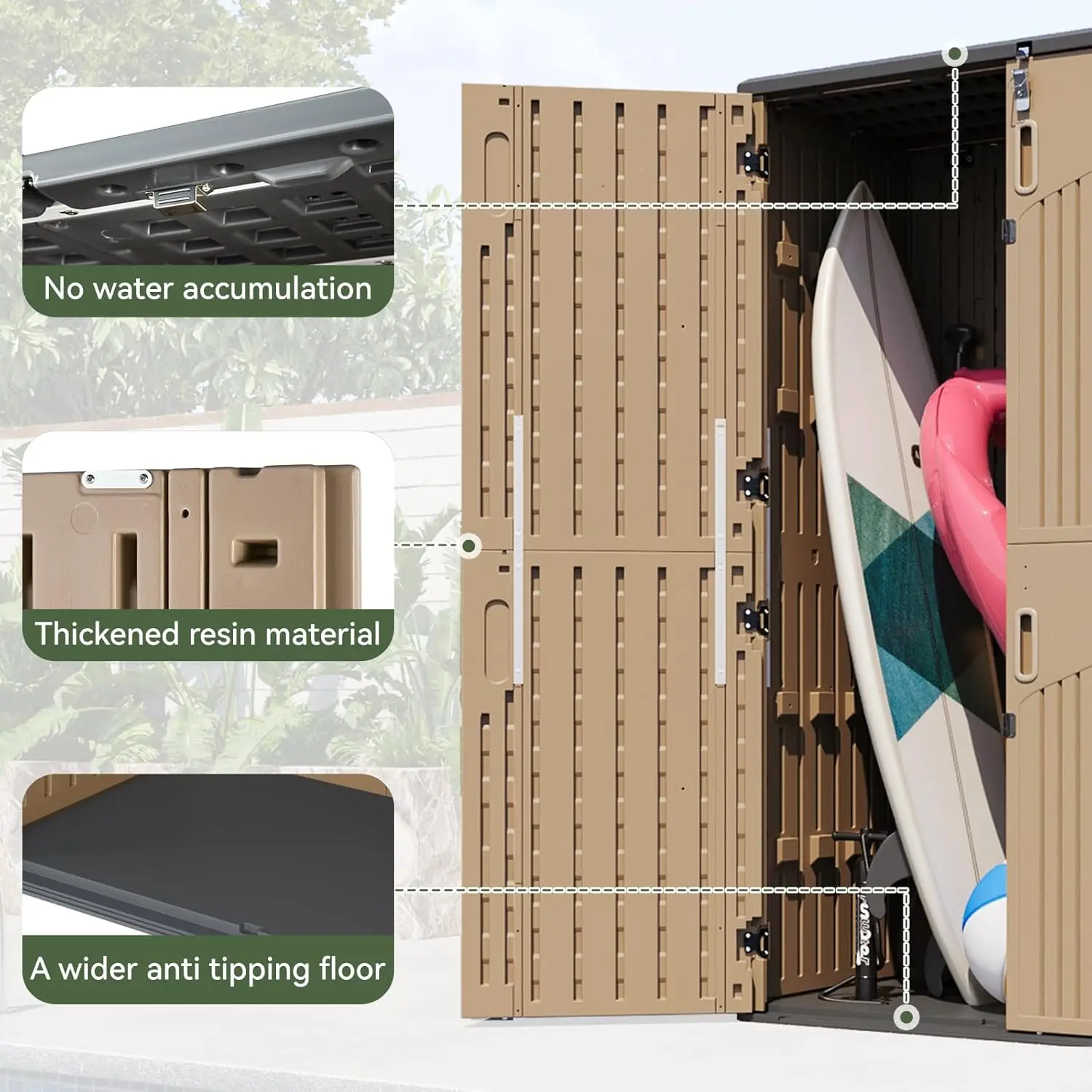 سقيفة تخزين خارجية مع أرضية، خزانة تخزين خارجية كبيرة 64 قدم مكعب، سقيفة من الراتنج العمودي المقاوم للماء لأدوات الحدائق، حمام السباحة E