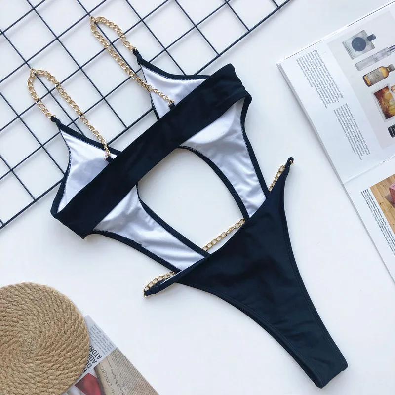 Sexy Solid One Piece Swimsuit with Gold Chain, Hollow Out Trikini Swimsuit Women Swimwear Cutout Bathing Suit Beachwear 2026 New