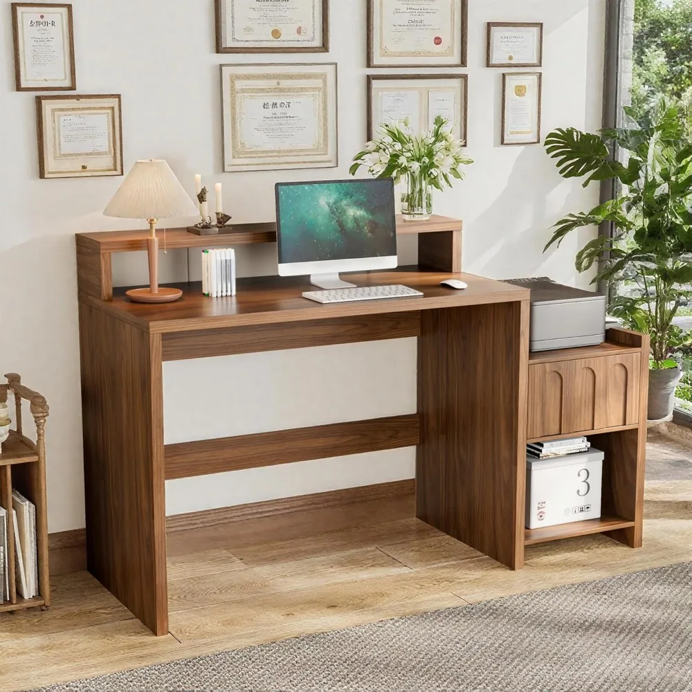 مكتب تنفيذي حديث من خشب الجوز في منتصف القرن، مكتب منزلي على طراز المزرعة مقاس 60 بوصة مع درج ورف للطابعة #3