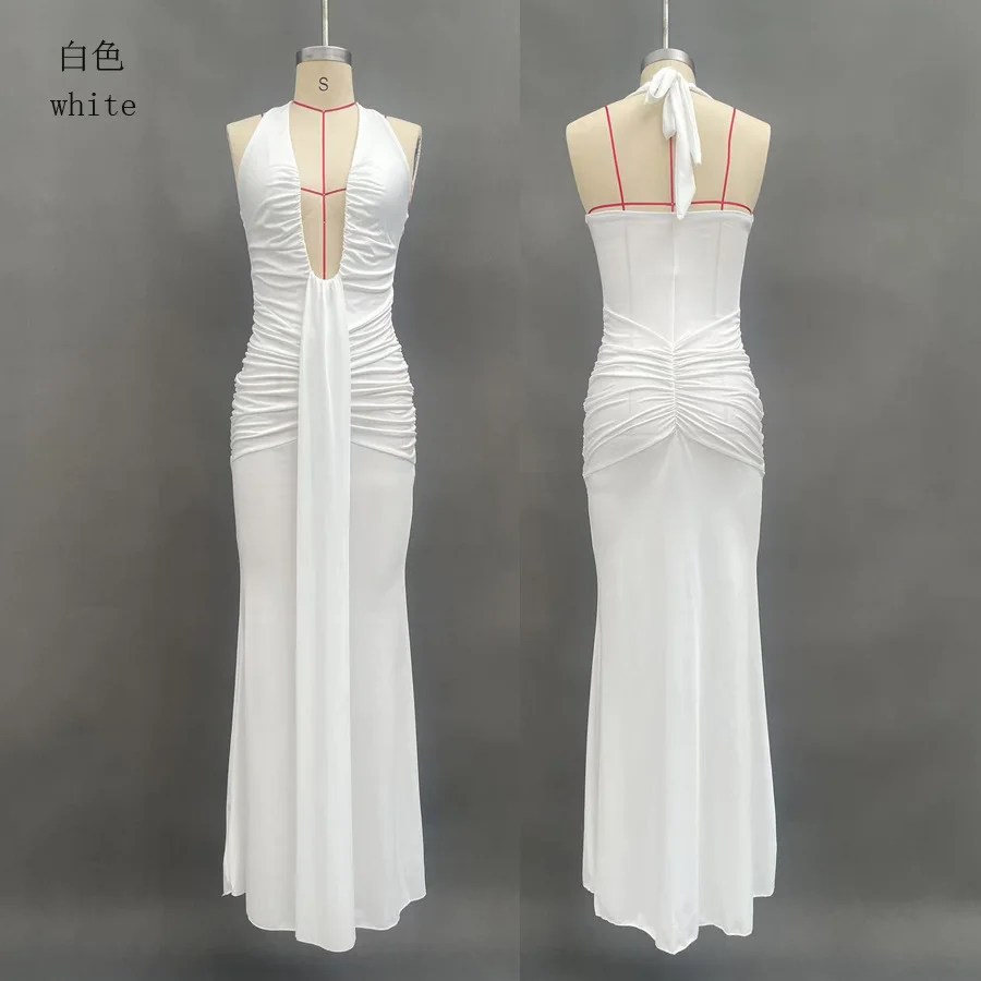 Elegant Deep V Backless Mermaid Gown White Evening Dress with Flowing Sash Sexy Bodycon Maxi Dress Banquet Party
