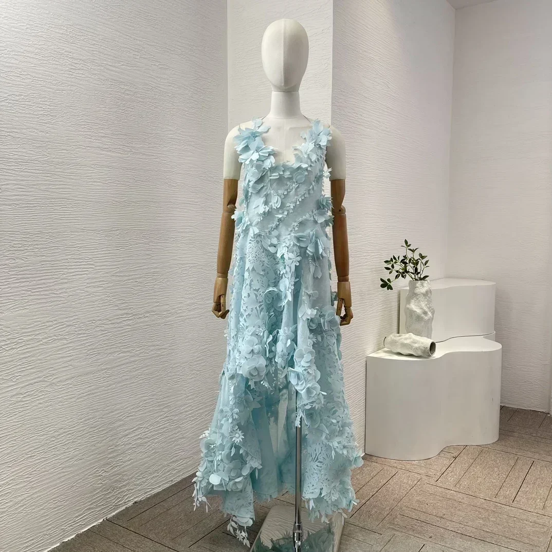 

2024 Women New Handmade Summer Holiday Design Blue 3D Flower Decoration Sleeveless Silk Linen Irregular Hem Maxi Dress