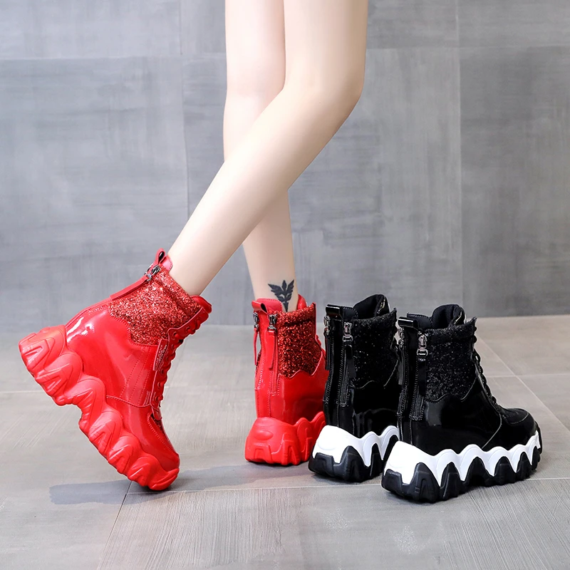 2022 Autumn Bling Leather Boots 7CM Wedge Heels Women Ankle Boots High Top Platform Sneakers Winter Red Motorcycle Shoes Female