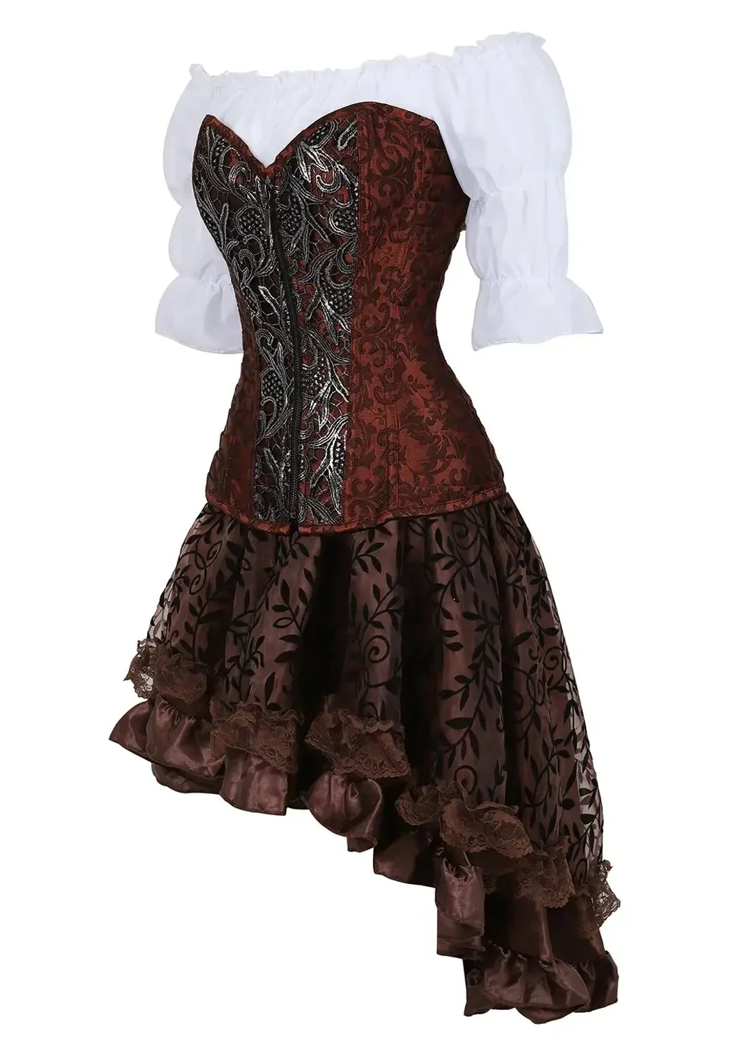 Pirate Corsets Steampunk Bustiers Floral Zipper Corset Sexy Dress with Skirt and White Blouse Set Carnival Costumes Rave Clothes