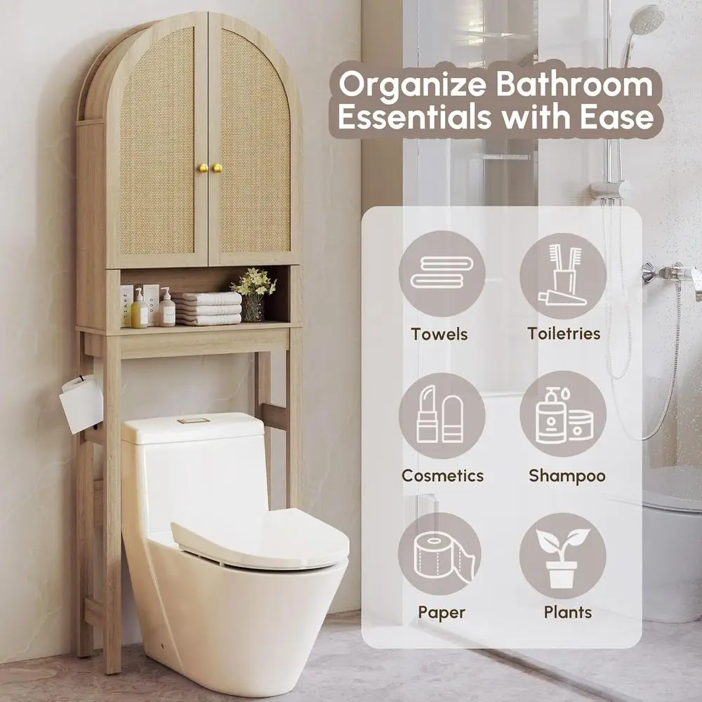Modern Rattan Door Over Toilet Storage Cabinet with Adjustable Shelf, Arched Design for Space-Saving Bathroom Organization