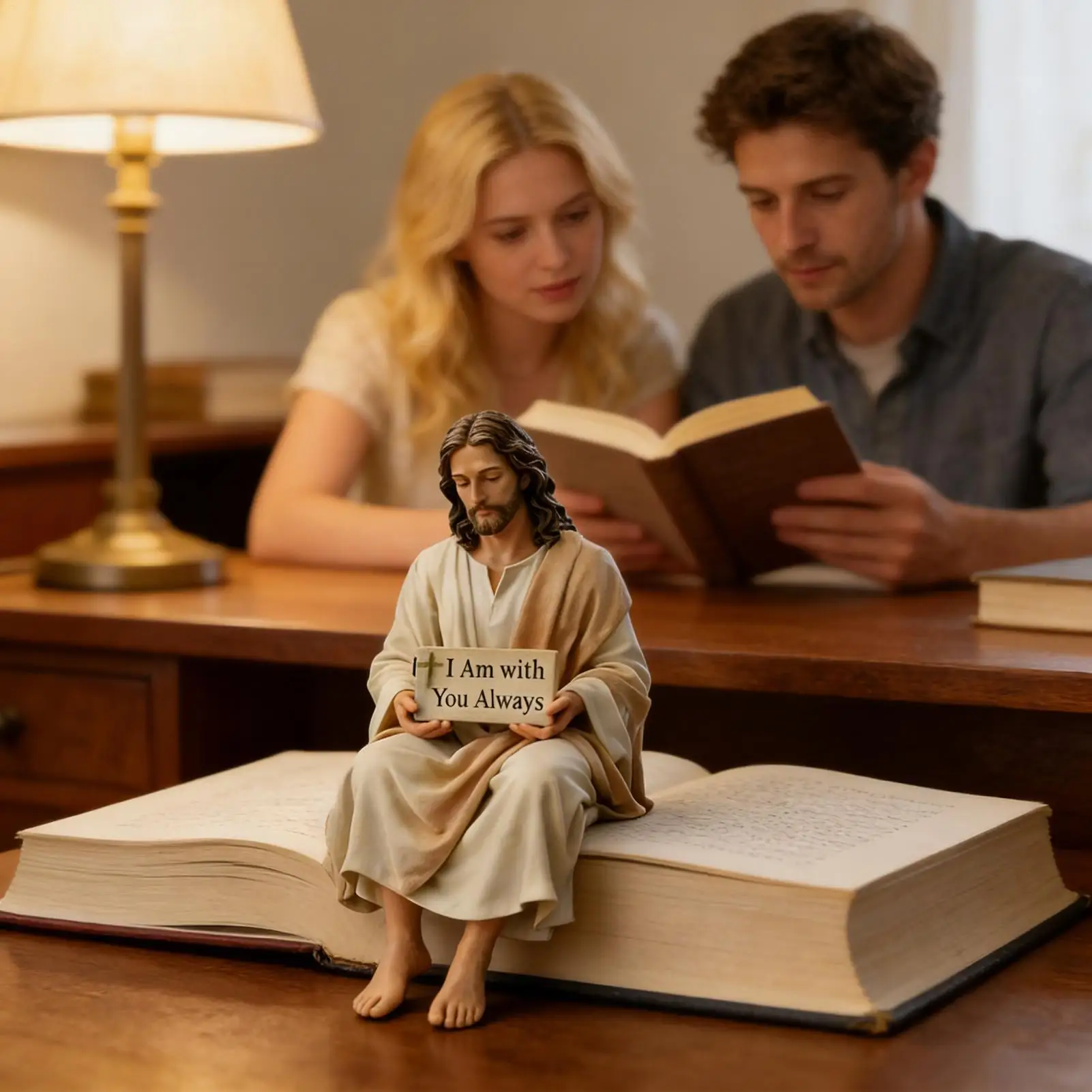 Estátua de Resina Espiritual Jesus em Posição Sentada com a Inscrição 'Estou Contigo Sempre' - Decoração para Casa