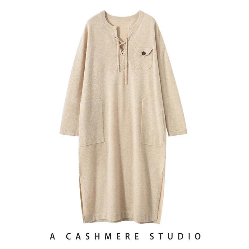 Autumn Winter New 100% Cashmere Sweater Dress Women Casual Long Dresses Female Loose Large Size Knitted Pullover Lady Clothing