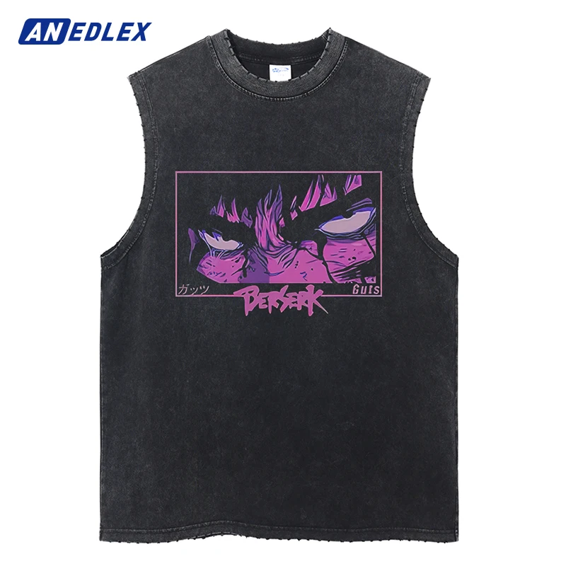 

Harajuku Streetwear Washed Anime Print Tank Tops Fashion Ripped Casual Vest Men Summer Sleeveless Cotton Vintage Vest Tee Unisex