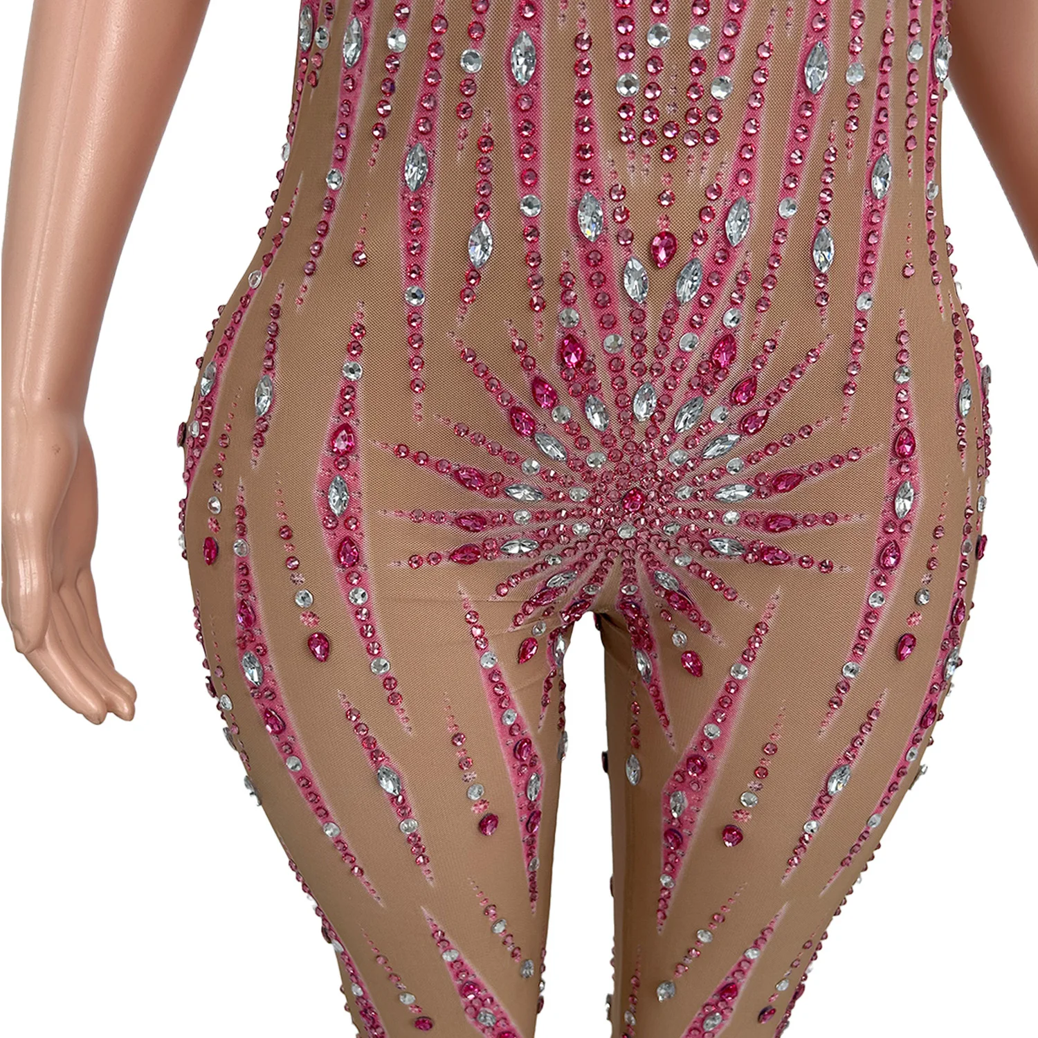 High-end Streamer Theme Party Night Out Outfit Sparkly Rhinestone Tight Fitting Jumpsuit See Through Mesh Show Sexy Wear Fengye