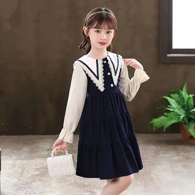 

Girls' Spring/Autumn New Arrival School Uniform Style Trending Long Sleeve Princess Dress - Chic Big Kids for 4-12 Years Old