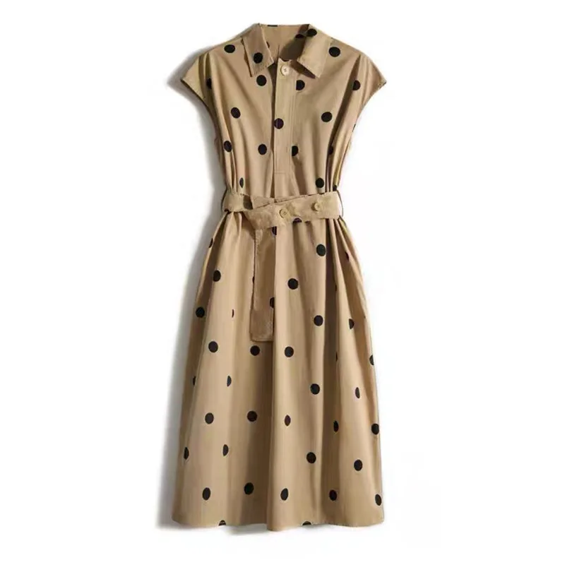 المرأة البولكا نقطة قميص فستان طباعة موضة ريترو ثنى الوقوف طوق القطن ركاب نمط الكاكي قصيرة الأكمام بولو طوق حزام