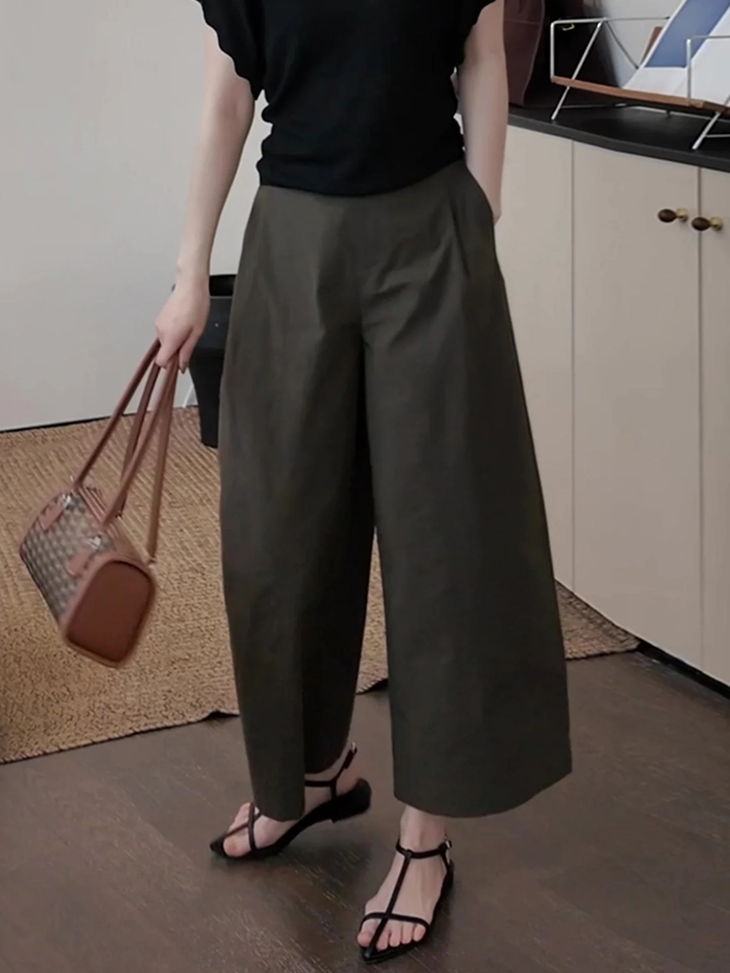 Military Green Nine-Foot Wide Leg Pants Women Summer Thin New Large Size Loose Slim Small Size Balloon Pants High Waist Korea...