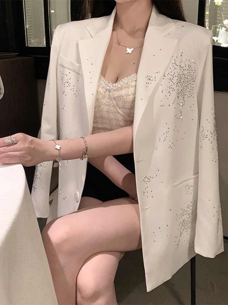 

White Casual Ele Lady's Suit Jaet with Rhinestones UK Sle Women's Faion Outerwear Long SveLoose Fit