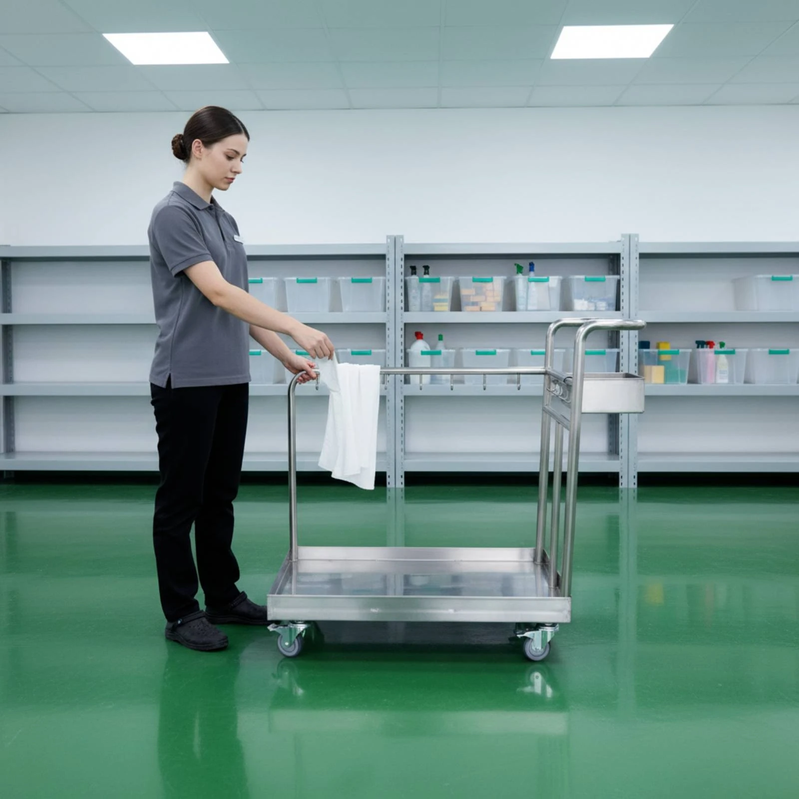 Janitorial Cart with Hooks Commercial-Grade Stainless Steel Cart with Hooks Efficient Smooth-Rolling for Janitors, Hotels