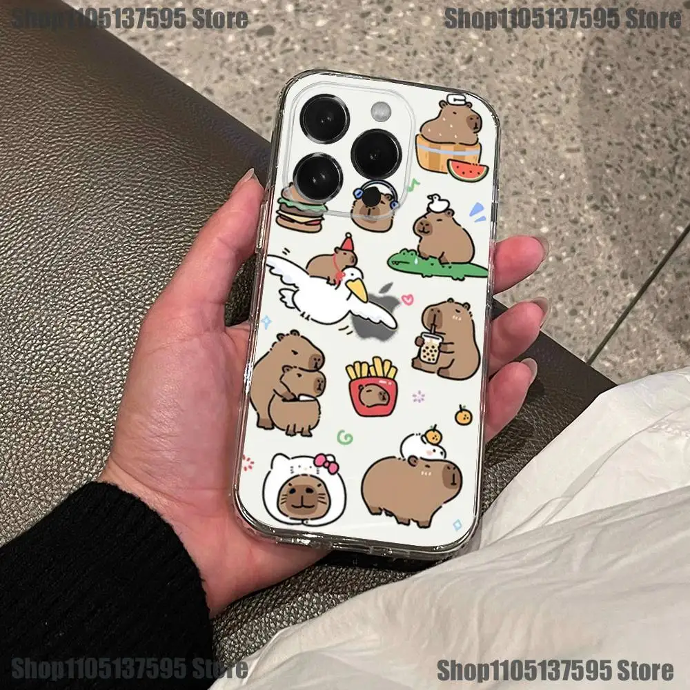 Casing HP Lucu Kartun Kapibara Imut Untuk iPhone 16,15,14,13,12,11 Pro,Max,Plus,X,XS,XR,SE4,E Mini Transparan Bahan Lembut