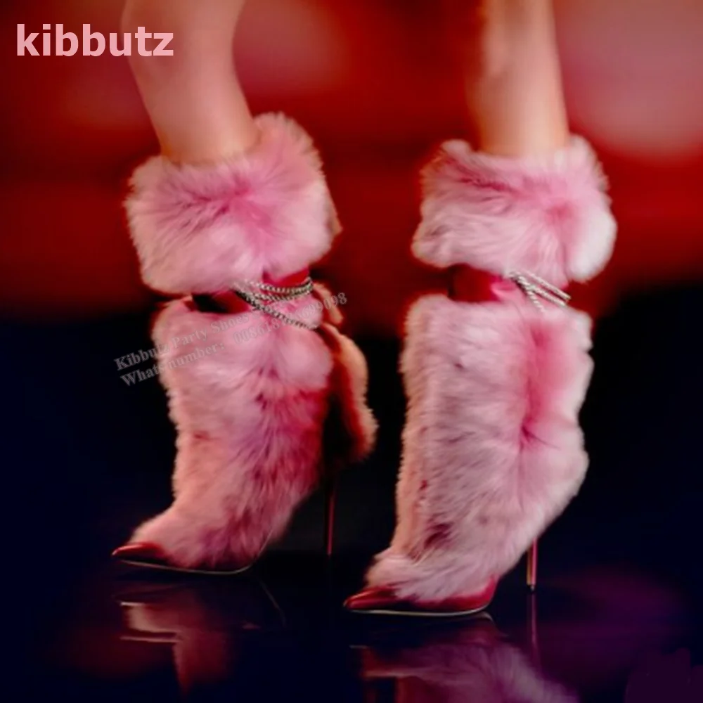 

Fur Knee-High Boots Pointed Toe Thin Heel Patent Leather Glossy Chain Slip-On Sexy Luxury Fashion Super High Shoes 2023 Newest