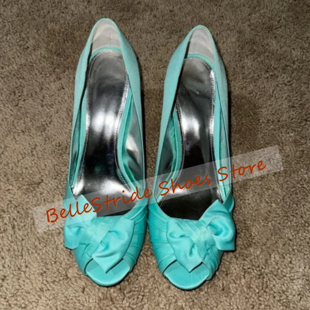 

Blue Bow knot Decor Peep Toe Pumps Round Toe for Women Stilettos High Heels Fashionable Dinner Party 2026 Zapatos Para Mujeres