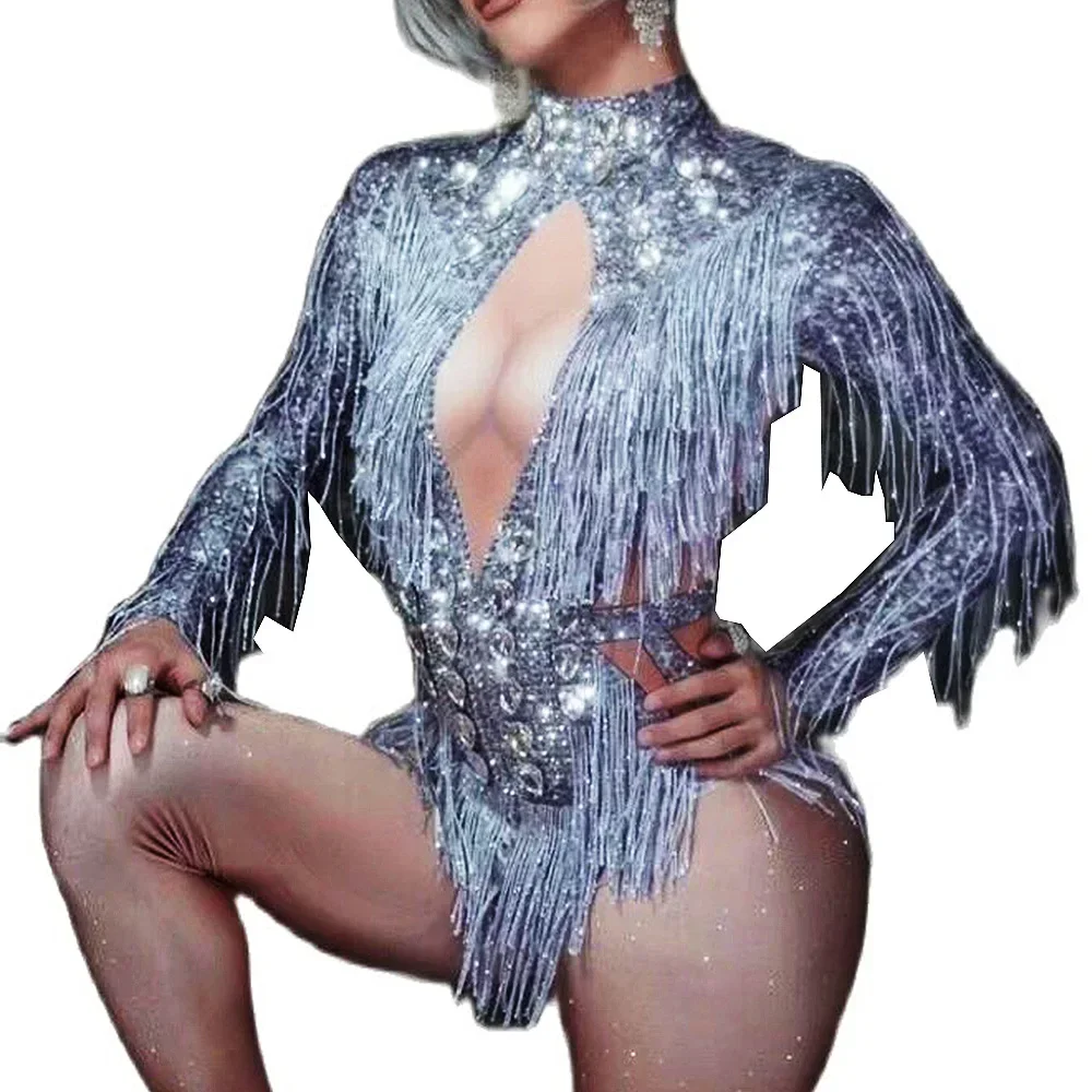 

Women Shining Silver Tassel Bodysuits Latin Jazz Dance Tight Stretch Rhinestones Leotard Birthday Party Club Wear
