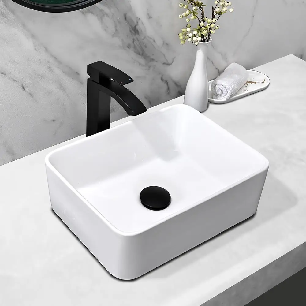 

Modern 16\"x12\" White Rectangle Bathroom Vessel Sink Faucet Combo Easy Clean 16 Inch Counter White Bathroom Sink With Faucet