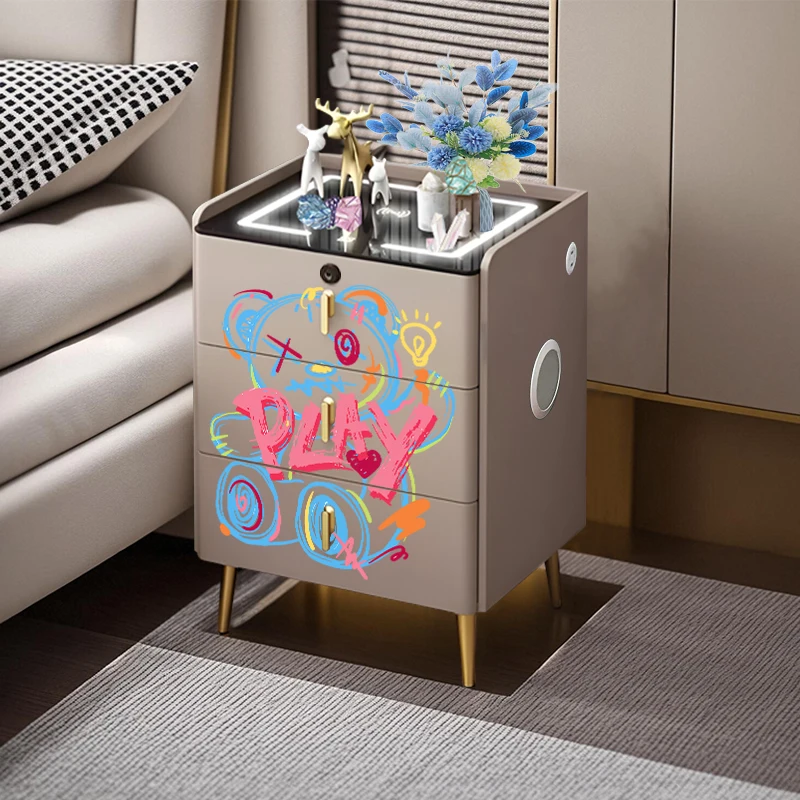 smart bedside table graffiti 2024 new multi-functional three-layer bedside table simple modern light luxury premium sense wi