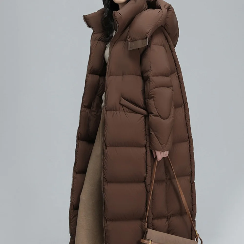 Nueva chaqueta de plumón para mujer, chaqueta acolchada larga de lujo con capucha, abrigo de plumón de pato blanco para mujer, Parkas de plumas esponjosas de invierno, abrigo para mujer