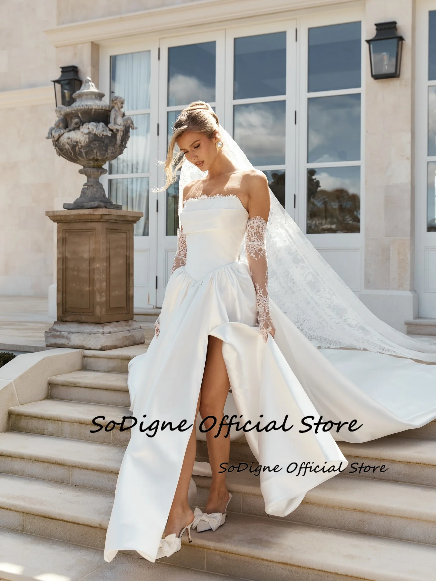 SoDigne A ラインサテンのウェディングドレスストラップレスノースリーブスプリット花嫁ドレス 2026 ブライダルガウンvestidos de noviaカスタマイズ