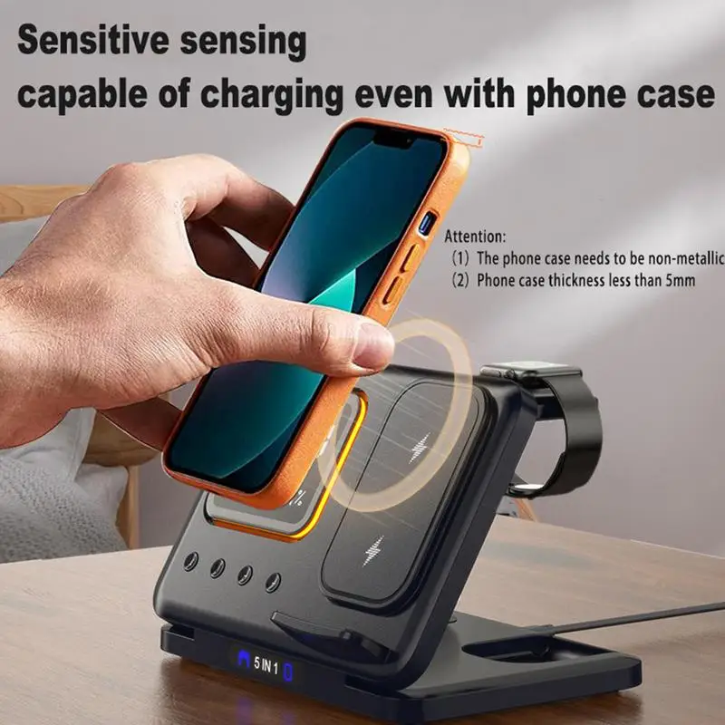 Phone Charger Stand Foldable Wireless Charger Station with Temperature Display Multiple Device Charger Dock Intelligent and Safe