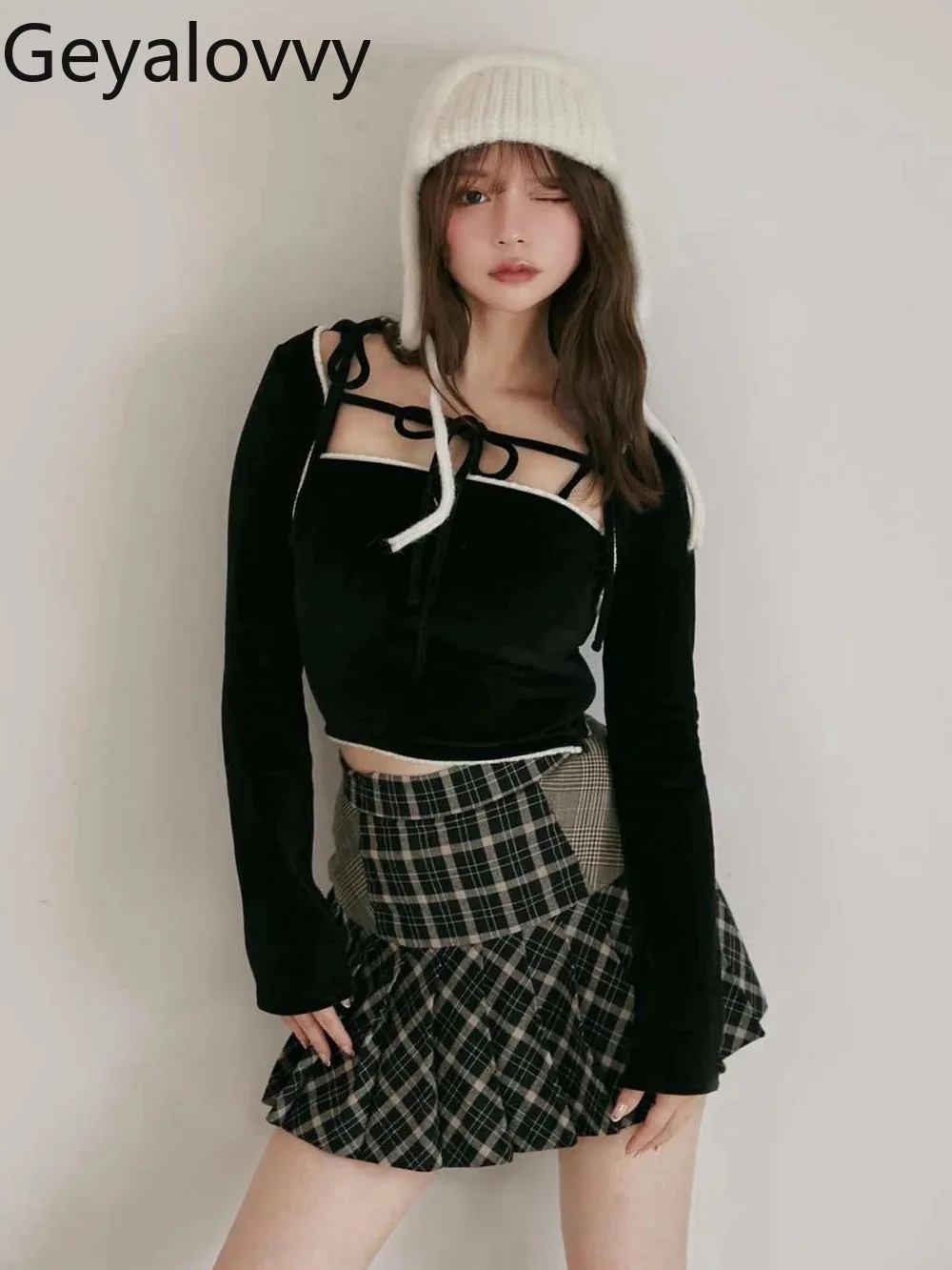 和風ハイウエスト万能チェック柄パッチワークAラインショートスカート秋新作甘い可愛い女の子プリーツミニスカートファルダス