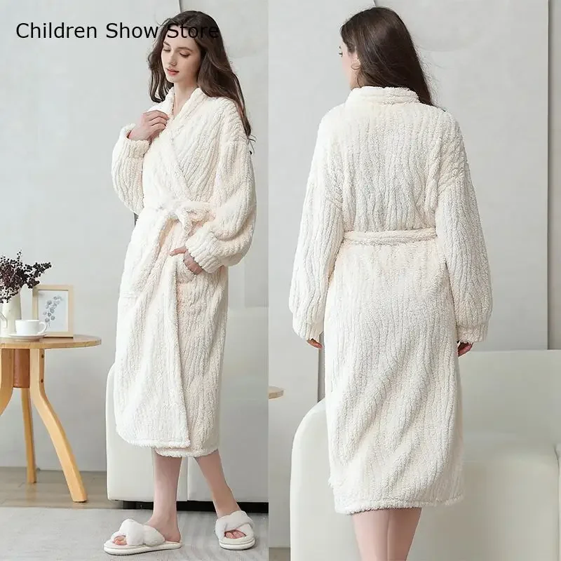 Women Long Purple Shower Robes Kimono Warm Coral Fleece Bathrobe Gown with Pocket Winter New Peignoir Dress Thicken Loungewear