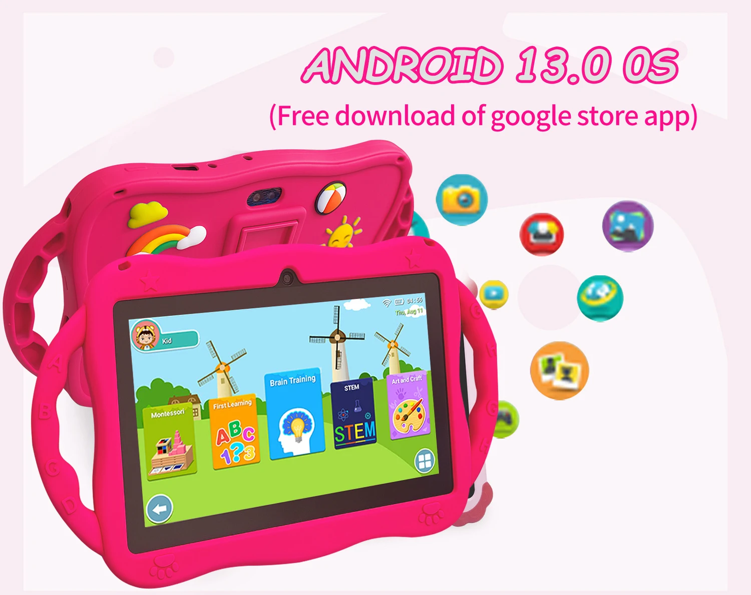 7.0 Inch WiFi Kids Tablet with Cartoon Pattern 64GB ROM Android 13 Google Certified Learning Education Games