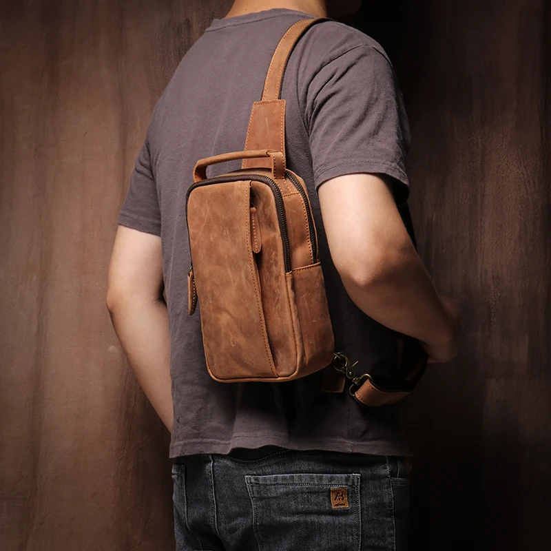 GURO Men\'s Higher Quality Chest Pack Vintage Genuine Leather Travel Sling Bag Male Luxury satchel Crazy Horse Cowhide Crossbody
