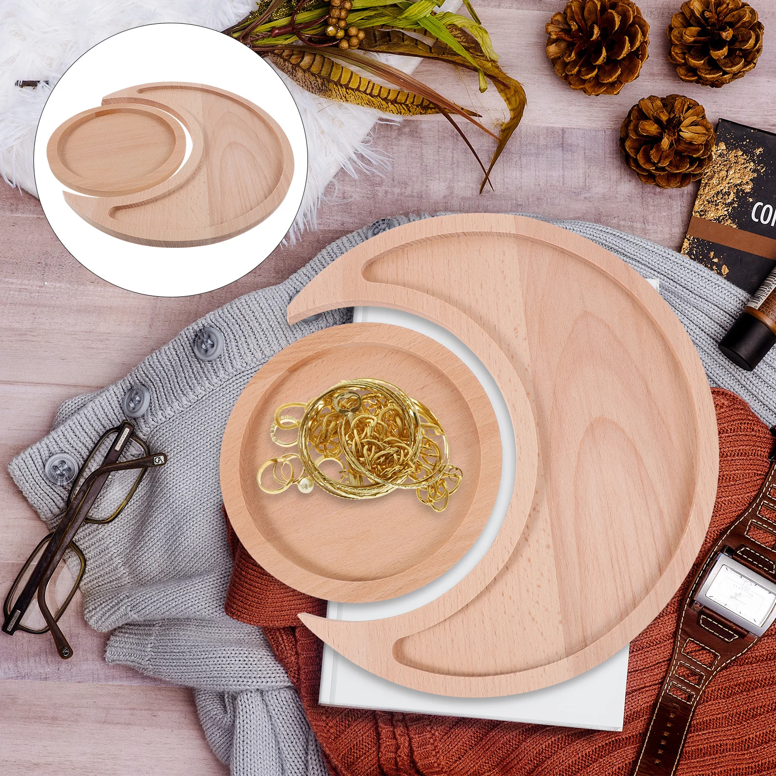 1Set Exquisite Wooden Jewelry Tray Storage Plate Moon and Round Shape Desktop Organizer for Jewelry Cosmetics and Keys