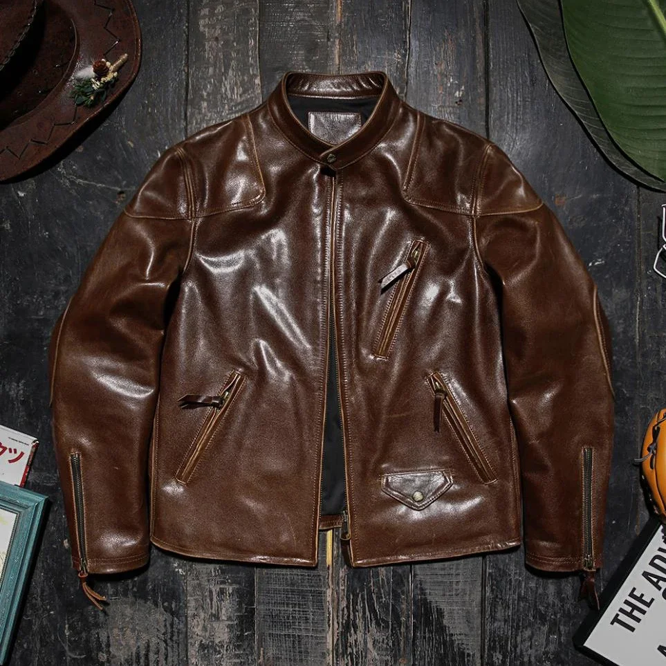 Red Brown Vintage Leather Jackets Mens Real Sheepskin Classic Motorcycle Jacket Venom Same Model Goatskin Leather Rider Coat 4XL