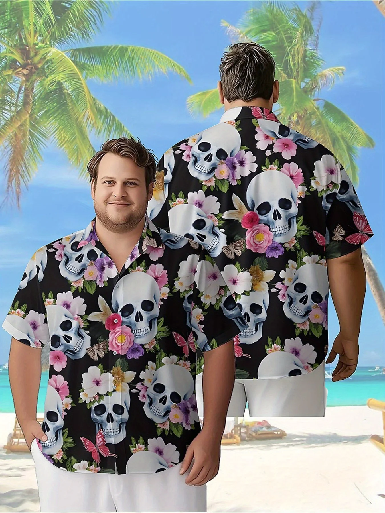 

Men's Plus Size Hawaiian Shirts Skull and Flowers Pattern, Summer Casual Tops, Outdoor and Party, Streetwear