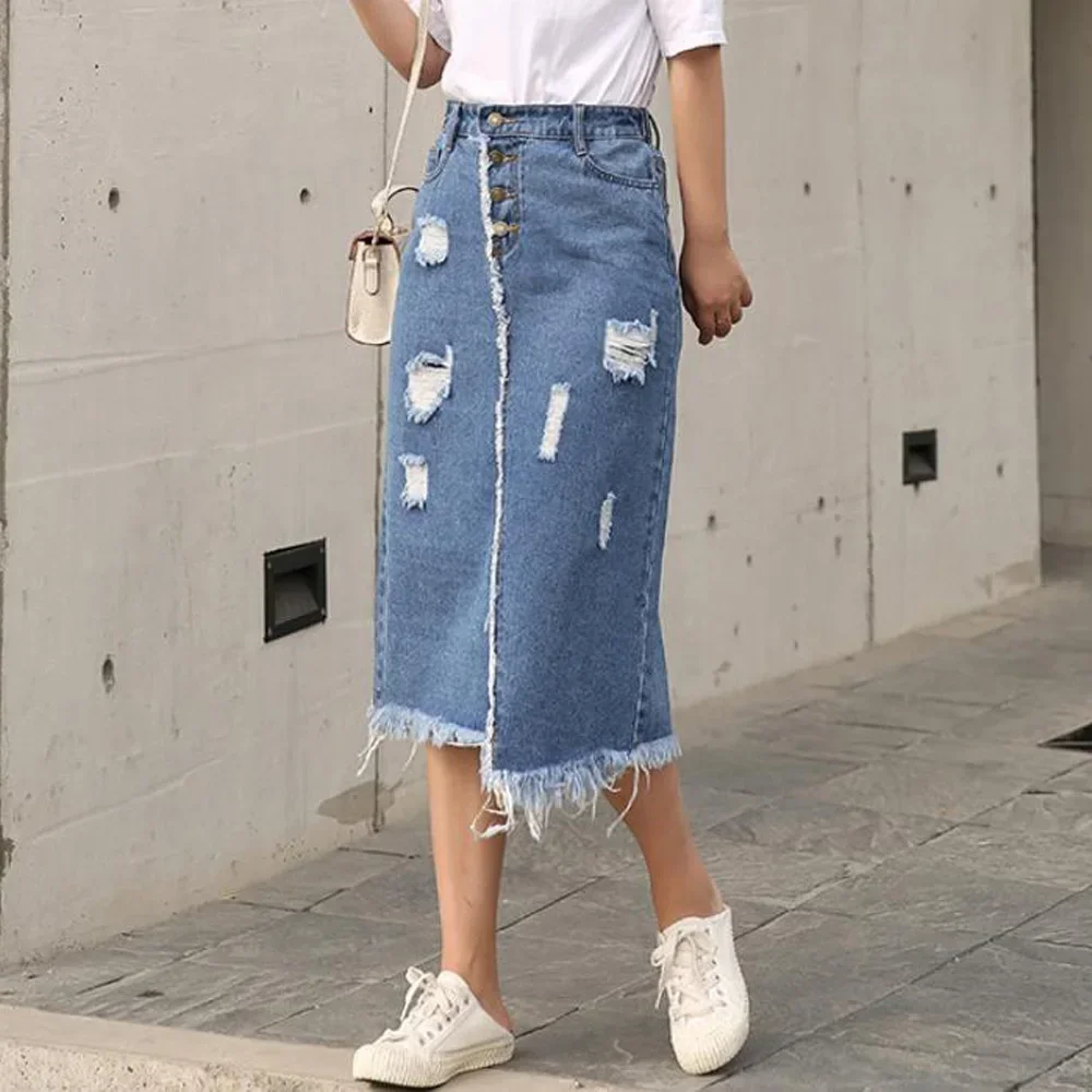 

Women Denim Maxi Skirts Summer 2023 High Waist Plus Size Long Jean Skirt 4xl 5xl 6xl 7XL Irregular Ripped Hole Jupes Femininas