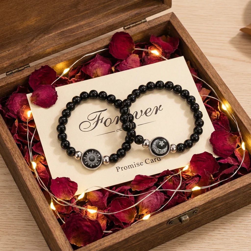 Klassische leuchtende Sonne-Mond-Paar-Armbänder für Frauen, handgefertigte schwarze Perlen, passende Armbänder, Charm-Freundschaftsschmuck, Geschenke – Detail 2