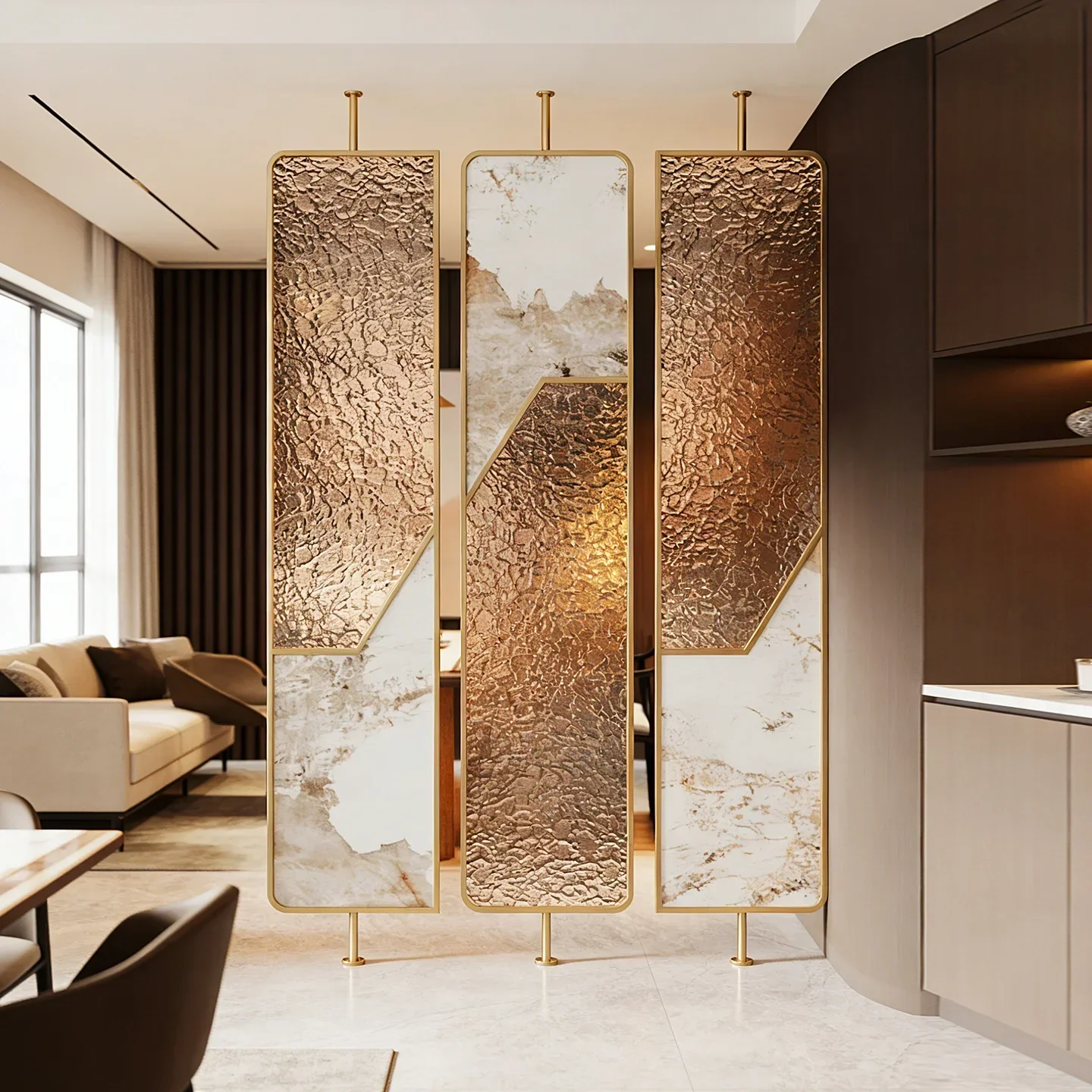 d1 Home stainless steel glass screen New Chinese style indoor partition wall Restaurant hollow block background wall