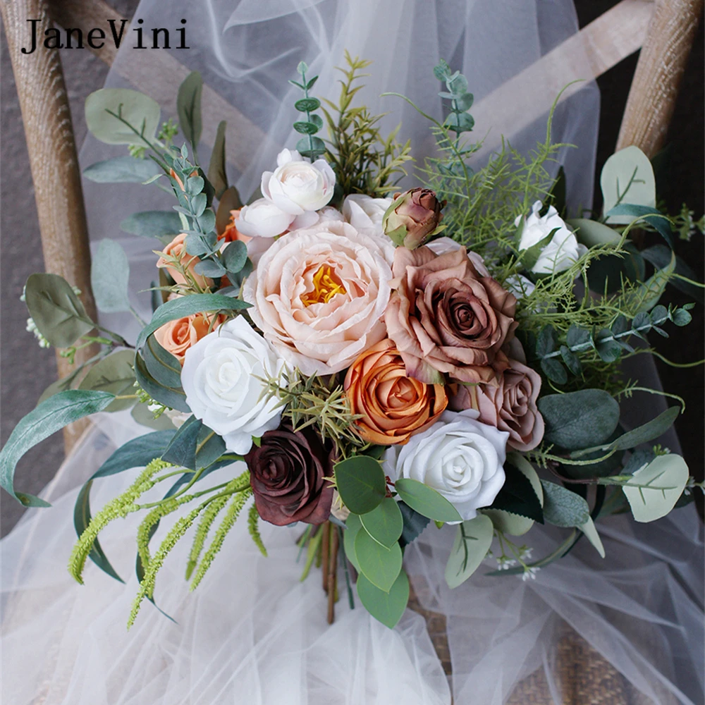 JaneVini-ramos De rosas De café Vintage para boda, flores artificiales De champán De seda, ramo falso para Novia al aire libre, Accesorios De Novia