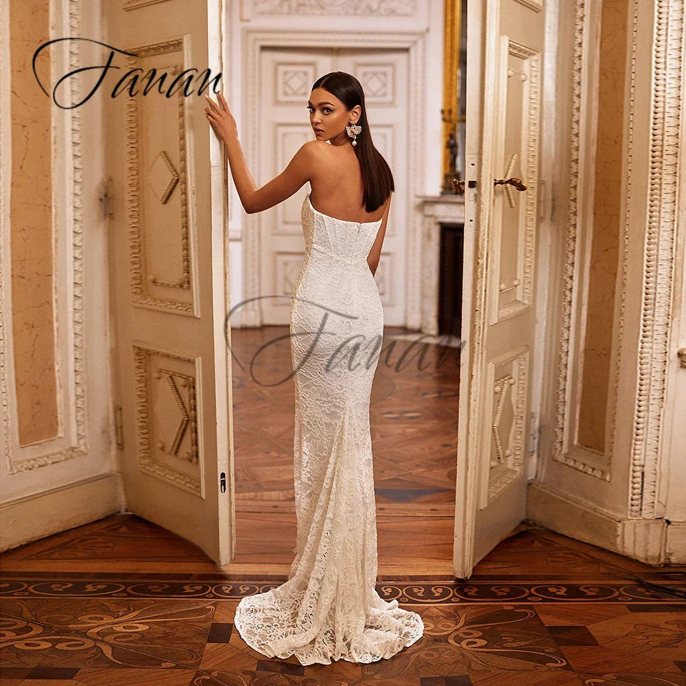 Strapless Kant Mermaid Avondjurken Mouwloze Backless Sweep Trein Formele Prom Party Gown Robe De Soiree Femme Vestidos