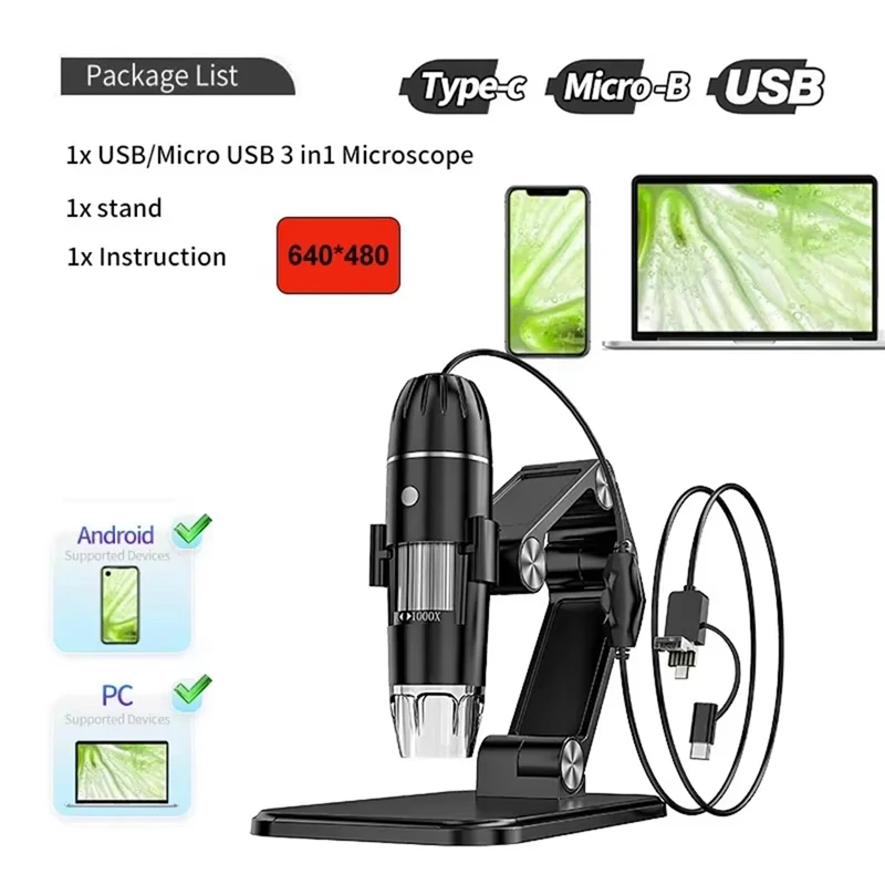 Microscopio digitale portatile USB HD Telecamera di ispezione 50X-1600X con supporto 8 microscopi portatili a LED per PC Smartphone