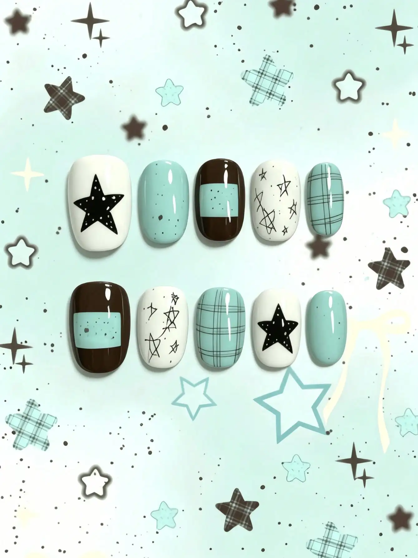 10 Pieces of Handmade Wearable Nail Art, Short Square-Round Full-Cover Nail Tips, Mint Chocolate Color Scheme, Mint Green, White and Brown Color Combination with Hand-Painted Stars, Plaid Patterns, and Graffiti Decorations, Energetic and Sweet Cool Style, Suitable for Women and Girls, Perfect for Summer Vacations, Graduation Season, Everyday Energetic Outfits, Also Suitable as a Gift, Includes 1 Piece of Jelly Glue and 1 Nail File