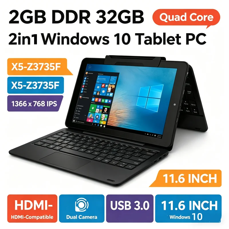 11.6 Inch Windows 10 Portable Tablet 2GB RAM 32GB ROM RCA9213 Quad Core 1366x768 IPS Screen Dual Camera WiFi HDMI-Compat