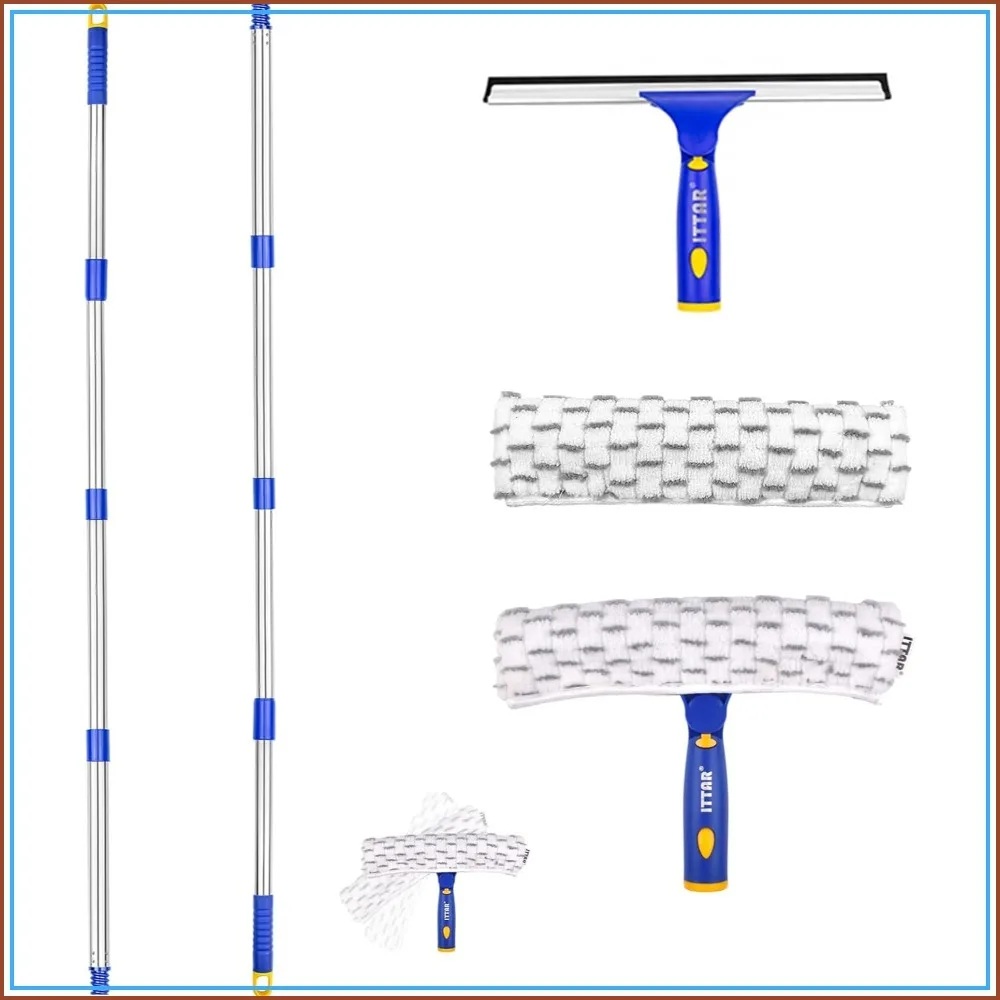 

Window Squeegee with 2 Stainless Steel Poles, 60-72 inch Telescopic Washing Kit, Microfiber Pads for Home Car Glass