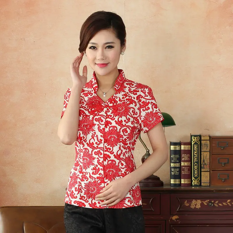 

Винтажная туника, женская красная, синяя рубашка с цветочным принтом, мандарин и V-образным вырезом, дизайнерский воротник, топы с короткими рукавами, винтажный летний костюм для перерыва на чай