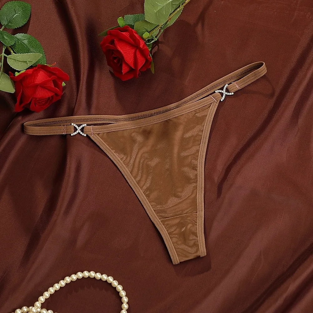 

Breathable Cotton Crotch Glossy Satin Thongs Low Waist Traceless Bikini Briefs Solid Color Underpants T-back Panties Lingerie