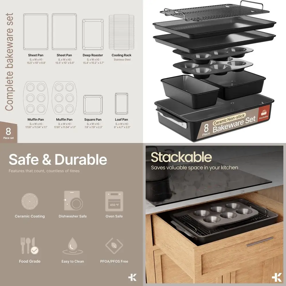 

Набор форм для выпечки с керамическим покрытием из 8 предметов: стальные формы с антипригарным покрытием для выпечки, кексов, буханцев, тортов, обжарки и охлаждающей полки — духовка S